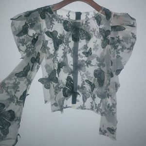 Salt M Whimseygoth Butterfly Romance Net Applique Puff Sleeve Crop Top